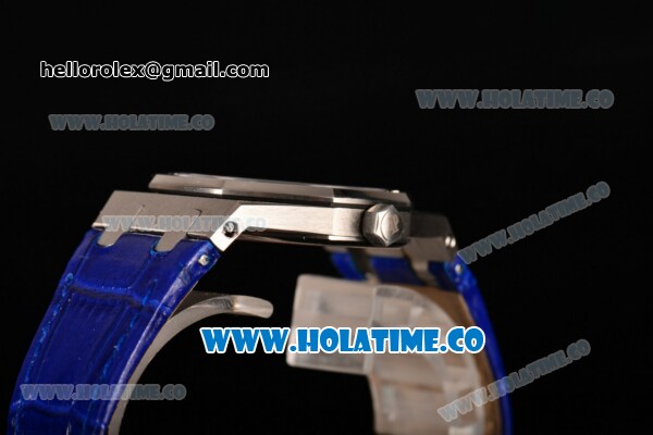 Audemars Piguet Royal Oak Lady Swiss Quartz Steel Case with Blue Leather Strap Blue Dial and Stick Markers - Click Image to Close